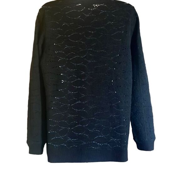 Lucky Brand Sm Black Pullover Crochet Knit Crewneck Sweater Minimalist Stretch - Picture 2 of 9